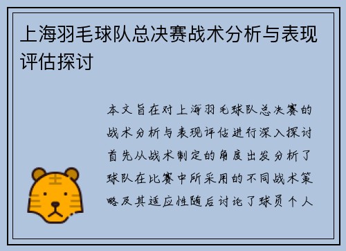 上海羽毛球队总决赛战术分析与表现评估探讨