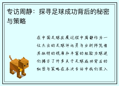 专访周静：探寻足球成功背后的秘密与策略